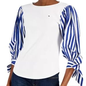Nwt.Tommy Hilfiger Women's Cotton blue and white Tied-Sleeve Top in size Large